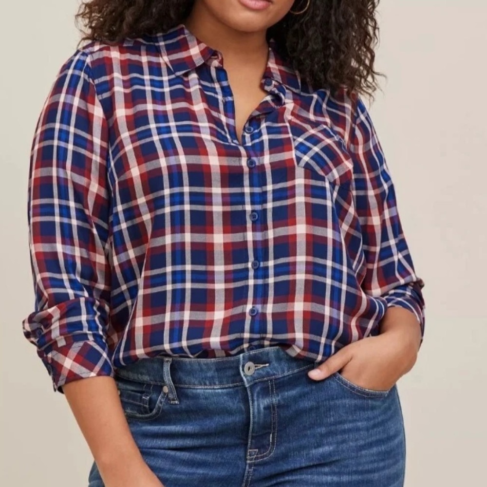 Torrid Lizzie Twill Button Up Shirt Women’s Size 3XL Red & Blue Plaid in EUC!